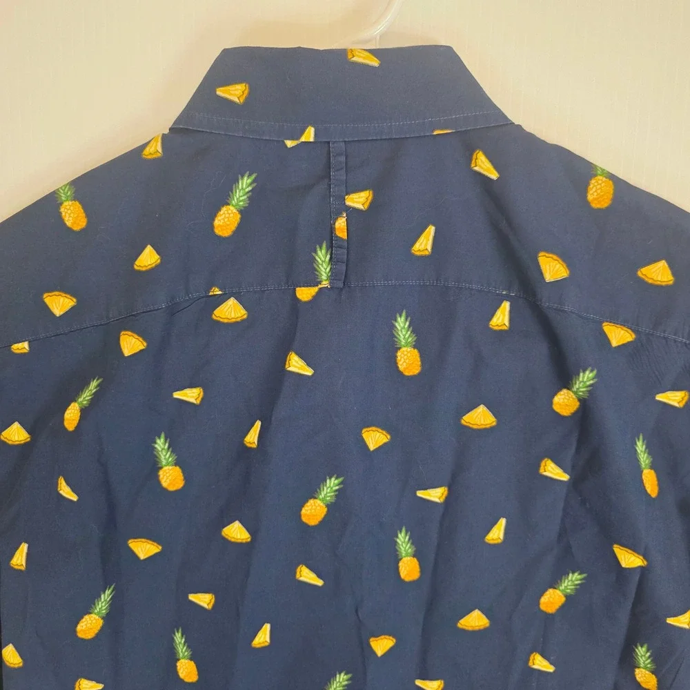 Banana‎ Republic Luxe Poplin Shirt Mens Small Blue Pineapple AOP Slim Fit Swing